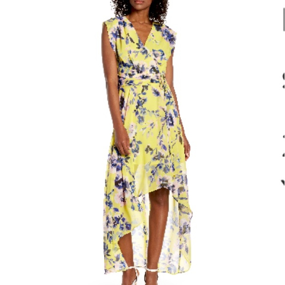 Eliza J Surplice High/Low Chiffon Maxi Dress